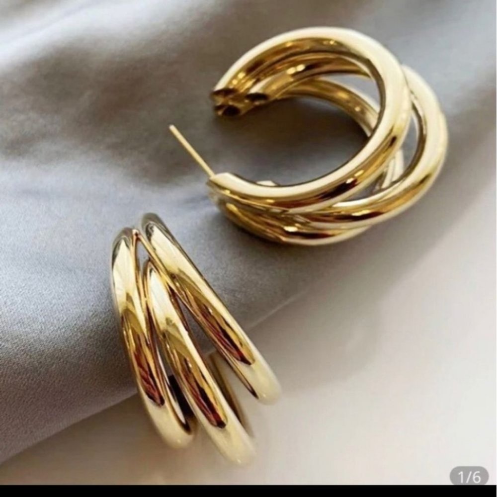 ₩ New 18k Gold Three-Layer Round Drop Earrings - Picture 1 of 7